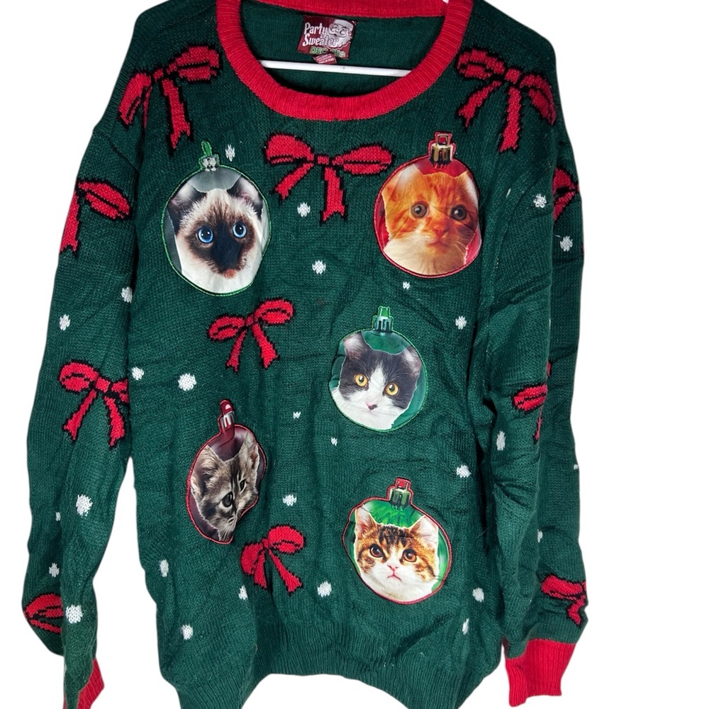 Green Cat Christmas Sweater with Red Bows Size 2XL